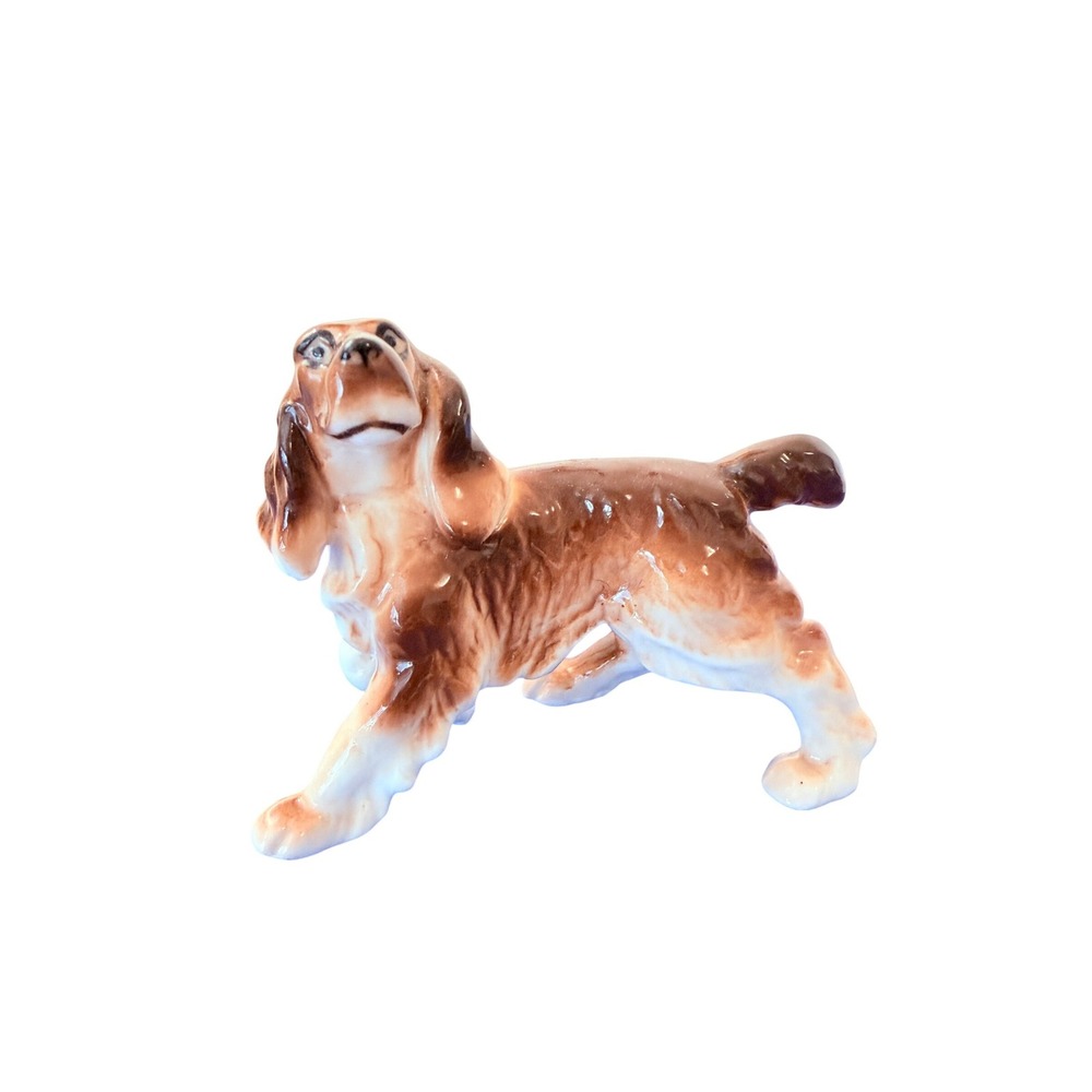 Vintage‎ Ceramic Spaniel Dog Figurine Brown White Glossy Porcelain 3 Inch